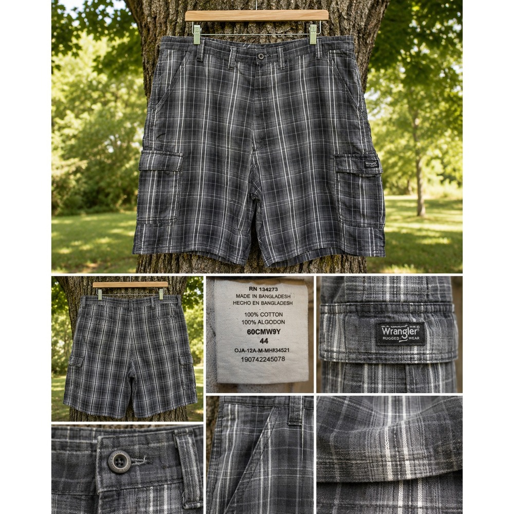 Wrangler Rugged Wear Cargo Shorts Men's 44 Gray Plaid 100% Cotton Outdoor Casual